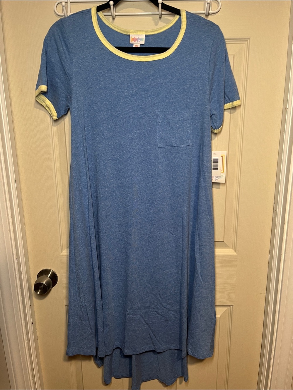 Carly Blue Short-Sleeve Pocket Dress with Yellow Trim